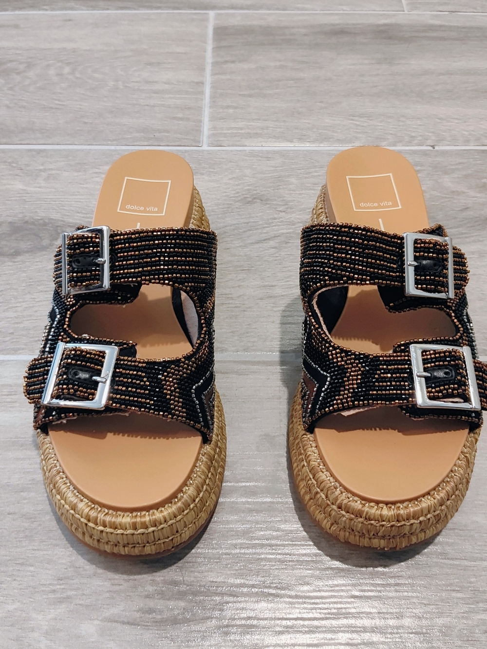 Dolce Vita Black Beaded Buckle Platform Sandals